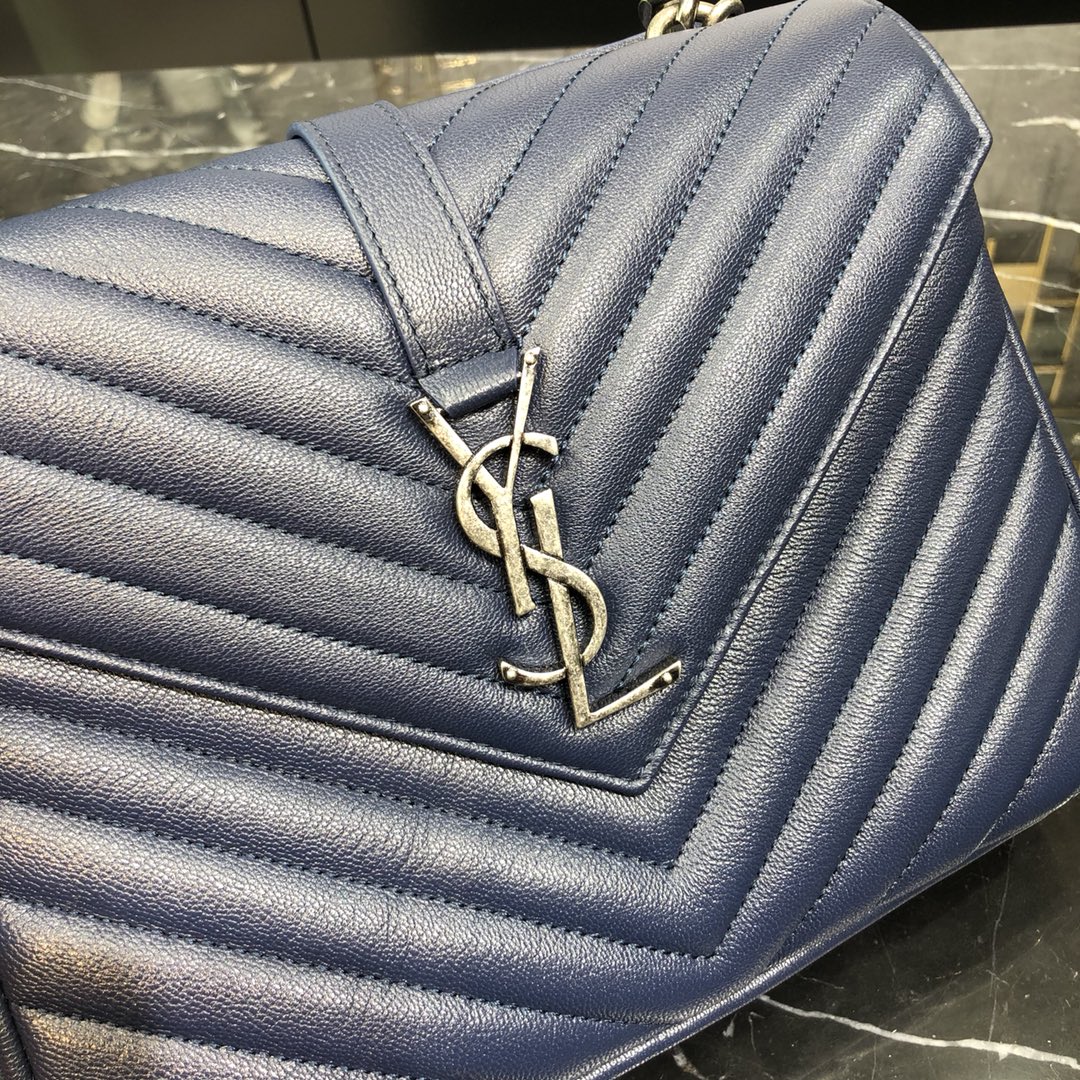 Saint Laurent Lambskin College Handbag Shoulder Bag Navy Blue 600279 Silver